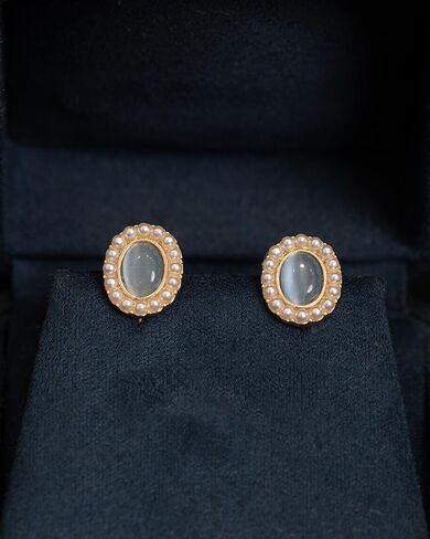 Vintage Style Pearl and Blue Stone Earrings,clip on earrings for women, Gold-Tone Frame,1920s,Oval Shape with Pearl Border in Saudi Arabia