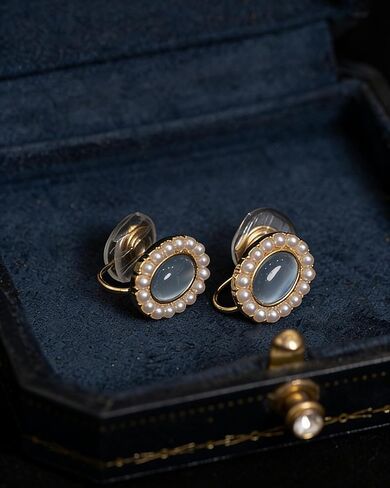 Vintage Style Pearl and Blue Stone Earrings,clip on earrings for women, Gold-Tone Frame,1920s,Oval Shape with Pearl Border in Saudi Arabia