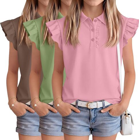 3 Pack Girls’ Ruffle Sleeve T-Shirts Teens Polo Shirts Collared Cute Tops Blouse Summer School Uniform Tee 5-14 Y in Kuwait