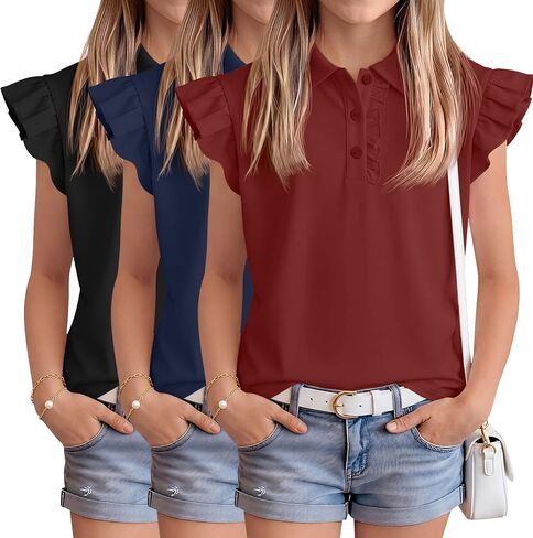 3 Pack Girls’ Ruffle Sleeve T-Shirts Teens Polo Shirts Collared Cute Tops Blouse Summer School Uniform Tee 5-14 Y in Saudi Arabia