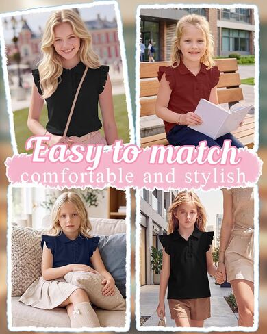 3 Pack Girls’ Ruffle Sleeve T-Shirts Teens Polo Shirts Collared Cute Tops Blouse Summer School Uniform Tee 5-14 Y in Saudi Arabia