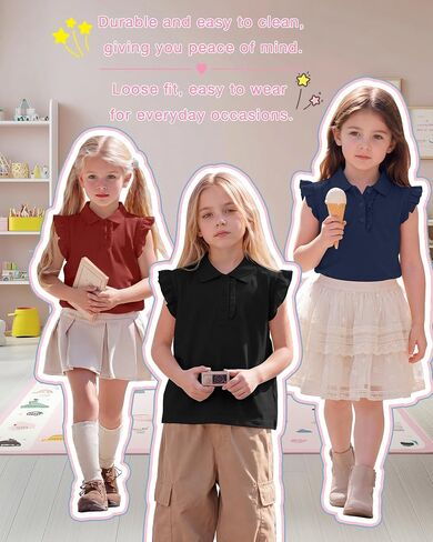 3 Pack Girls’ Ruffle Sleeve T-Shirts Teens Polo Shirts Collared Cute Tops Blouse Summer School Uniform Tee 5-14 Y in Saudi Arabia