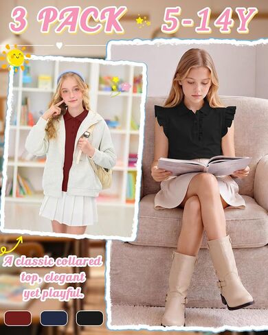 3 Pack Girls’ Ruffle Sleeve T-Shirts Teens Polo Shirts Collared Cute Tops Blouse Summer School Uniform Tee 5-14 Y in Saudi Arabia