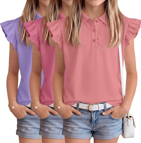 3 Pack Girls’ Ruffle Sleeve T-Shirts Teens Polo Shirts Collared Cute Tops Blouse Summer School Uniform Tee 5-14 Y in Saudi Arabia