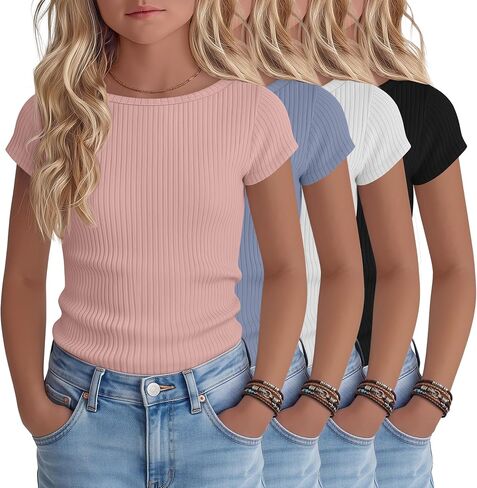 4 Pack Girls' Shirts 5-14 Years Ribbed Short Cap Sleeve Boat Neck Tees Cute Basic Solid Tees Kids Lightweight Tops in Kuwait