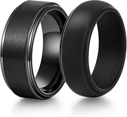 VNOX 2PCS Mens Wedding Band Set Silicone Tungsten Rings for Men，8mm Black Ring Promise Engagement Anniversary Bands Comfort Fit Size 8-12 in Kuwait