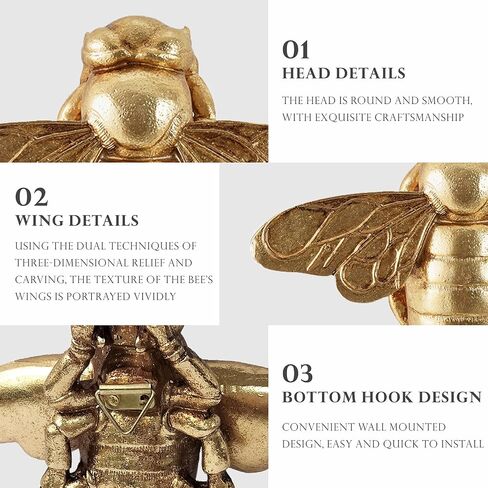 Gold Honey Bee Wall Arts Decor Insect Animal Wall Sculpture Resin Honeybee Home Hanging Decoration for Living Room Bedroom Bathroom Dining Room Kitchen Housewarming Gifts Indoor Outdoor Décor in Saudi Arabia