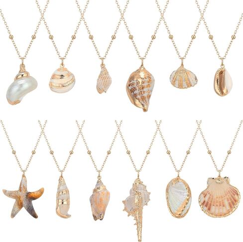 12 Pcs 18k Gold Plated Seashell Gift Necklace 18.7'' Adjustable Scallop Conch Necklaces Luau Beach Jewelry Gifts Ocean Accessories for Summer Vacation in Kuwait