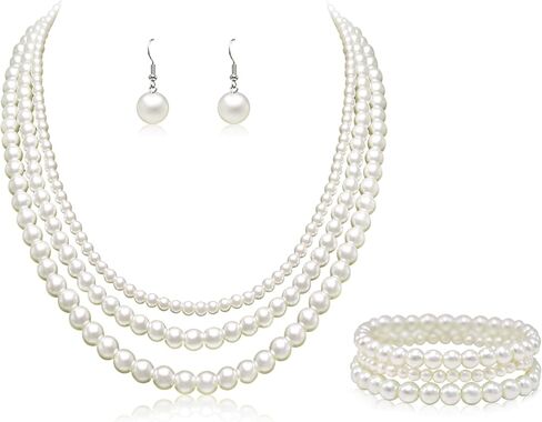 Aisansty Pearl Necklaces for Women Cream White Dainty Layered Pearl Strand Necklaces Earrings Bracelets Set Costume Jewelry for Birthday Bridal Wedding Tea Party Bridesmaid in Saudi Arabia