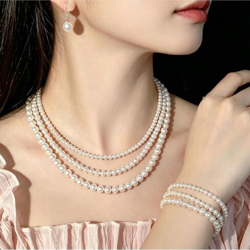 Aisansty Pearl Necklaces for Women Cream White Dainty Layered Pearl Strand Necklaces Earrings Bracelets Set Costume Jewelry for Birthday Bridal Wedding Tea Party Bridesmaid in Saudi Arabia