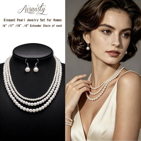 Aisansty Pearl Necklaces for Women Cream White Dainty Layered Pearl Strand Necklaces Earrings Bracelets Set Costume Jewelry for Birthday Bridal Wedding Tea Party Bridesmaid in Saudi Arabia