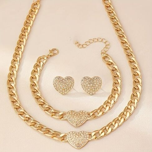 LOTSOF Gold Tone Cuban Link Chain Heart Jewelry Set for Women - Crystal Paved Heart Pendant Necklace, Bracelet & Stud Earrings - Fashion Statement Layered Jewelry for Party, Gift in Saudi Arabia