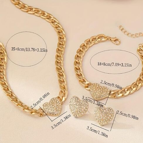 LOTSOF Gold Tone Cuban Link Chain Heart Jewelry Set for Women - Crystal Paved Heart Pendant Necklace, Bracelet & Stud Earrings - Fashion Statement Layered Jewelry for Party, Gift in Saudi Arabia