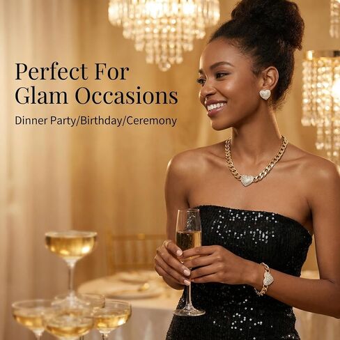 LOTSOF Gold Tone Cuban Link Chain Heart Jewelry Set for Women - Crystal Paved Heart Pendant Necklace, Bracelet & Stud Earrings - Fashion Statement Layered Jewelry for Party, Gift in Saudi Arabia