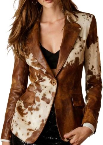 Women's Cow Print Blazer Jackets Vintage Long Sleeve Single-Breasted Blazer Fall Winter Lightweight Business Coat in Saudi Arabia