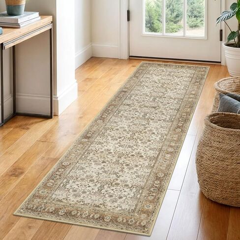 SIILOOM 2x6 Washable Runner Rug for Hallways, Beige Brown Soft Vintage Tribal Kitchen Rugs with Non-Slip, Non-Shedding Tribal Floral Rug for Bedroom Kitchen Porch Laundry Entryway in Saudi Arabia