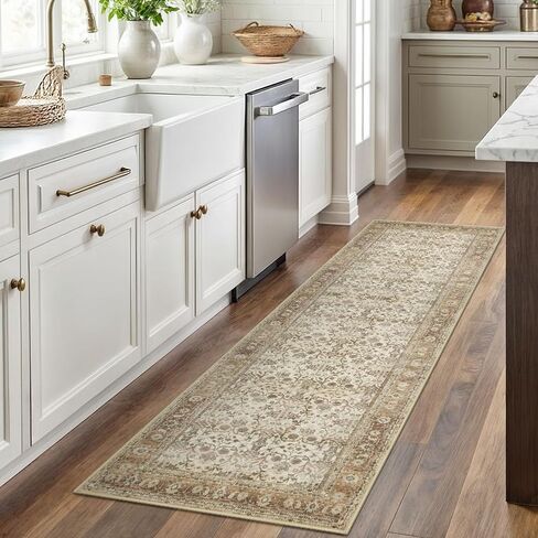 SIILOOM 2x6 Washable Runner Rug for Hallways, Beige Brown Soft Vintage Tribal Kitchen Rugs with Non-Slip, Non-Shedding Tribal Floral Rug for Bedroom Kitchen Porch Laundry Entryway in Saudi Arabia