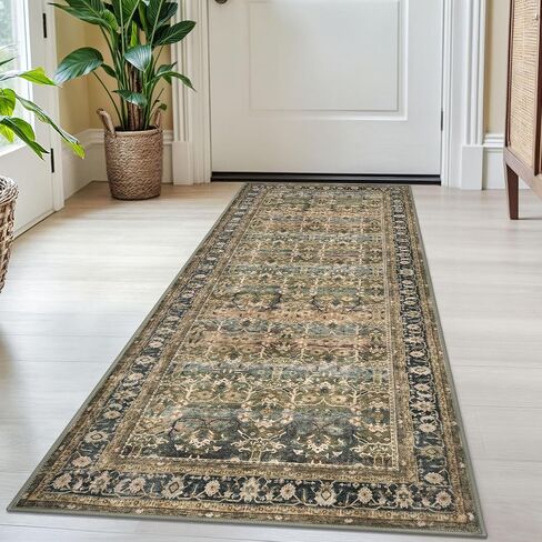 SIILOOM 2x6 Washable Runner Rug for Hallways, Beige Brown Soft Vintage Tribal Kitchen Rugs with Non-Slip, Non-Shedding Tribal Floral Rug for Bedroom Kitchen Porch Laundry Entryway in Saudi Arabia