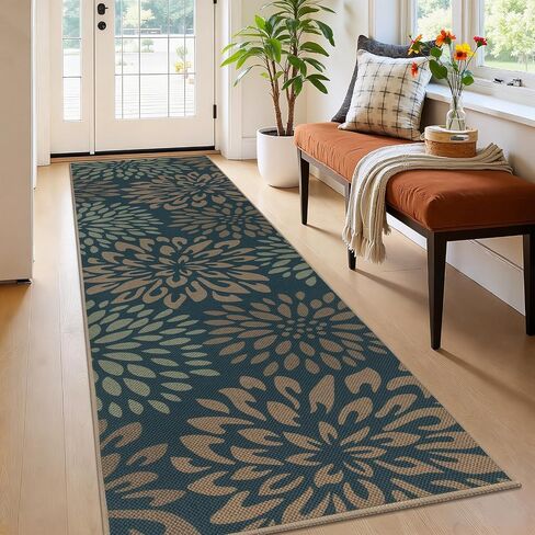 HEBE Easy Jute Runner Rug 2'x6', Floral Washable Rugs Runner for Hallway, Non Slip Kitchen Runner Rug, Indoor Outdoor Carpet for Patios, Porch, Laundry, Entryway,Bedside in Saudi Arabia