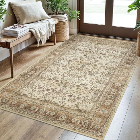 SIILOOM 2x6 Washable Runner Rug for Hallways, Beige Brown Soft Vintage Tribal Kitchen Rugs with Non-Slip, Non-Shedding Tribal Floral Rug for Bedroom Kitchen Porch Laundry Entryway in Saudi Arabia