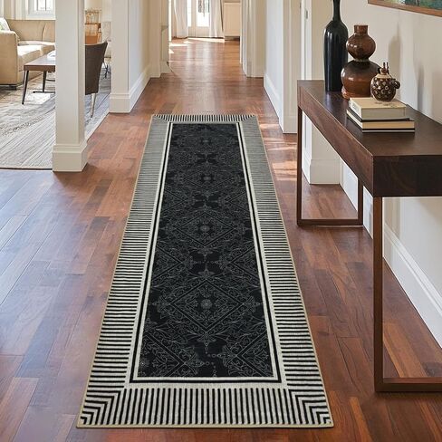 Modern Bordered Runner Rug 2x6 for Hallway, Black Washable Non Slip Striped Moroccan Kitchen Rug Runner, Soft Low Pile Soft Geometric Floor Carpet for Entryway Bathroom Larundry Room in Saudi Arabia