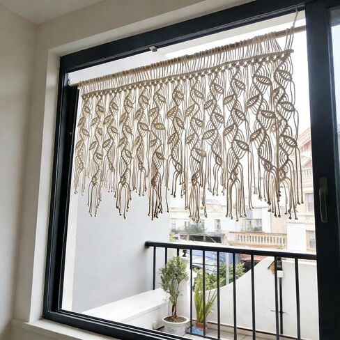 Macrame Valance Curtain for Kichen Windows 35.43x23.22Inch Farmhouse Boho Curtains Bedroom Window Tassels Leaf Valance Treatments for Livingroom Kitchen Bathroom Wall Decor in Saudi Arabia