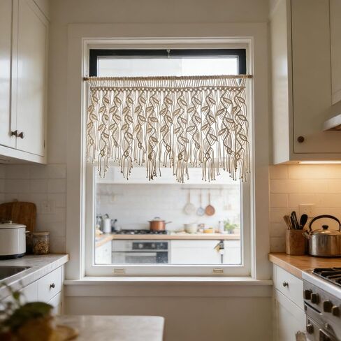 Macrame Valance Curtain for Kichen Windows 35.43x23.22Inch Farmhouse Boho Curtains Bedroom Window Tassels Leaf Valance Treatments for Livingroom Kitchen Bathroom Wall Decor in Saudi Arabia