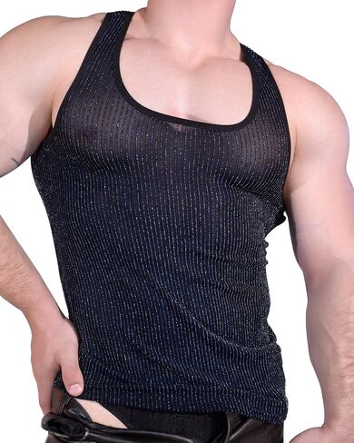 Mens Black Glitter Mesh Tank Tops Ice Silk Rave Outfits Sheer Sparkly Disco Shirt for Club and Party in Saudi Arabia