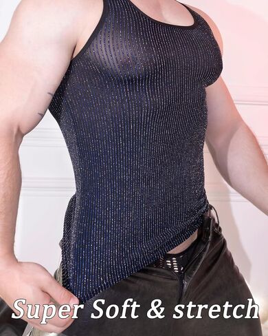 Mens Black Glitter Mesh Tank Tops Ice Silk Rave Outfits Sheer Sparkly Disco Shirt for Club and Party in Saudi Arabia