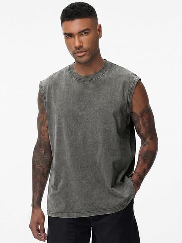 Men's Washed Cotton Sleeveless Tank Top Oversized Crew Neck Casual Summer Streetwear Muscle Shirts in Kuwait