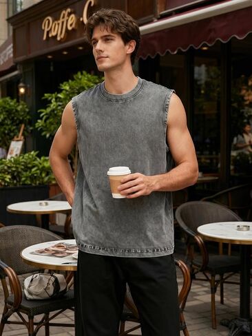 Men's Washed Cotton Sleeveless Tank Top Oversized Crew Neck Casual Summer Streetwear Muscle Shirts in Kuwait