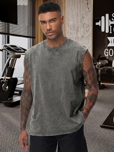 Men's Washed Cotton Sleeveless Tank Top Oversized Crew Neck Casual Summer Streetwear Muscle Shirts in Kuwait