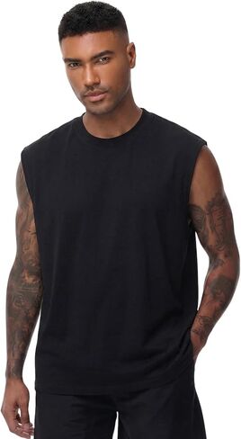 Men's Washed Cotton Sleeveless Tank Top Oversized Crew Neck Casual Summer Streetwear Muscle Shirts in Kuwait