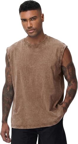 Men's Washed Cotton Sleeveless Tank Top Oversized Crew Neck Casual Summer Streetwear Muscle Shirts in Kuwait