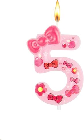 Cartoon Cat Birthday Cake Candle Topper with Pink Bow, Cute Kitty Numeral Cake Topper Party Decoration for Kids Theme Birthday Anniversary Celebration Party Supplies (Number 5) in Saudi Arabia