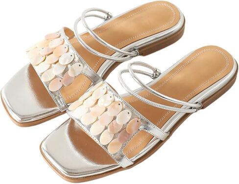 Chic Faux Leather Flat Slide Sandals Convertible Ankle Strap Dressy Beach Shoes Mother of Pearl Shell Accent Low Heel Mules in Kuwait