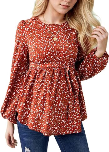 Women's Maternity Shirt Floral Long Sleeve Belted Pregnancy Peplum Blouse Top in Kuwait