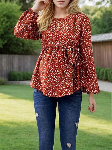 Women's Maternity Shirt Floral Long Sleeve Belted Pregnancy Peplum Blouse Top in Kuwait