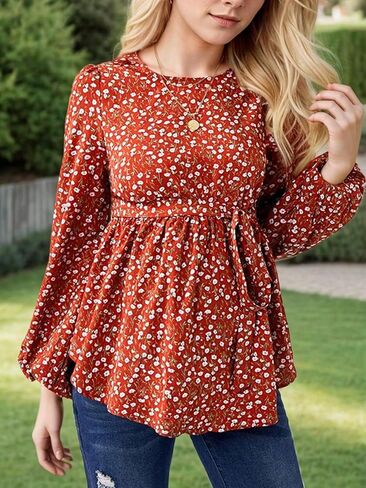 Women's Maternity Shirt Floral Long Sleeve Belted Pregnancy Peplum Blouse Top in Kuwait