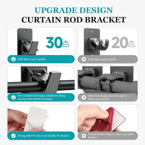 Adhesive No Drill Curtain Rod Brackets - Heavy Duty 30LB Holders for Bathroom Bedroom Kitchen, Universal Damage-Free Window Rod Hooks with Nail-Free Installation (4PC Black) in Saudi Arabia