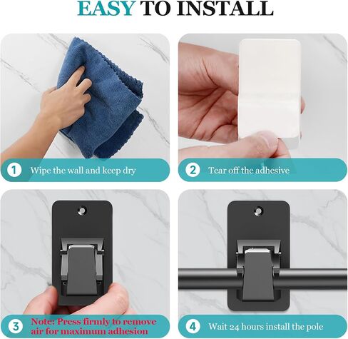 Adhesive No Drill Curtain Rod Brackets - Heavy Duty 30LB Holders for Bathroom Bedroom Kitchen, Universal Damage-Free Window Rod Hooks with Nail-Free Installation (4PC Black) in Saudi Arabia
