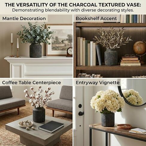7" Rustic Black Ribbed Vase - Wabi Sabi Textured Ceramic Vase for Flowers, Vintage Fluted Decorative Vase for Farmhouse Home Decor, Entryway, Table Centerpiece in Saudi Arabia