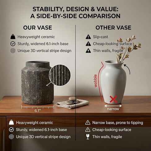 7" Rustic Black Ribbed Vase - Wabi Sabi Textured Ceramic Vase for Flowers, Vintage Fluted Decorative Vase for Farmhouse Home Decor, Entryway, Table Centerpiece in Saudi Arabia