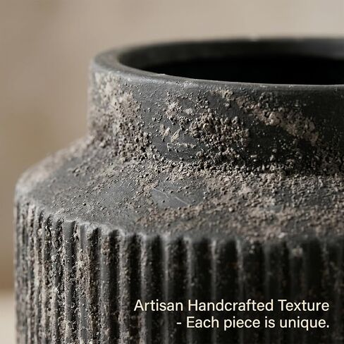 7" Rustic Black Ribbed Vase - Wabi Sabi Textured Ceramic Vase for Flowers, Vintage Fluted Decorative Vase for Farmhouse Home Decor, Entryway, Table Centerpiece in Saudi Arabia