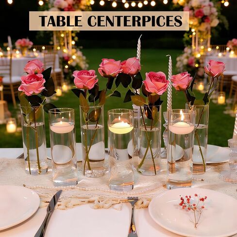 16 Pack Glass Cylinder Bud Vases for Centerpieces, 7.8" H x 2.5" W Clear Flower Vases Bulk, Floating Candle Holder for Wedding Party Home Decor in Saudi Arabia