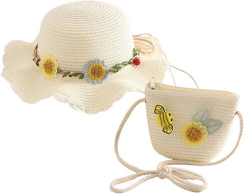 Girls Straw Sun Hat and Purse Set, Wide Brim Flower Summer Beach Hats and Crossbody Shoulder Bag in Kuwait