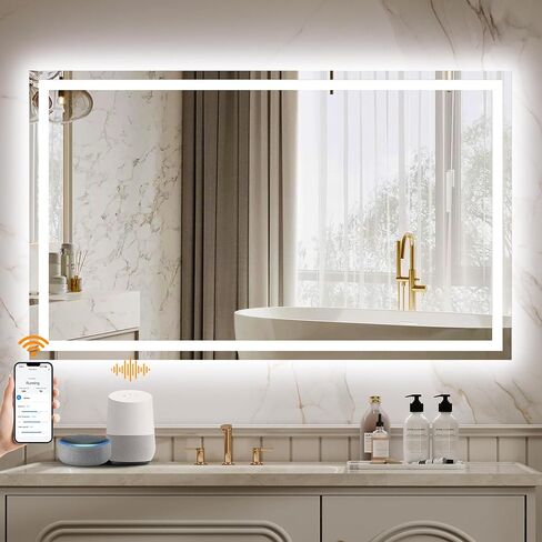 ENZE 24"x40" Smart Lighted Bathroom Mirror for Wall, WiFi App & Voice Control (Alexa/Google), Anti-Fog, 3-Color Dimmable, Built-in Clock, Plug-in/Hardwired Vanity Mirror in Kuwait