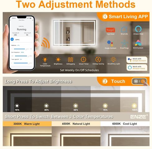 ENZE 24"x40" Smart Lighted Bathroom Mirror for Wall, WiFi App & Voice Control (Alexa/Google), Anti-Fog, 3-Color Dimmable, Built-in Clock, Plug-in/Hardwired Vanity Mirror in Kuwait