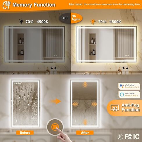 ENZE 24"x40" Smart Lighted Bathroom Mirror for Wall, WiFi App & Voice Control (Alexa/Google), Anti-Fog, 3-Color Dimmable, Built-in Clock, Plug-in/Hardwired Vanity Mirror in Kuwait