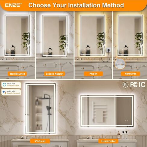 ENZE 24"x40" Smart Lighted Bathroom Mirror for Wall, WiFi App & Voice Control (Alexa/Google), Anti-Fog, 3-Color Dimmable, Built-in Clock, Plug-in/Hardwired Vanity Mirror in Kuwait